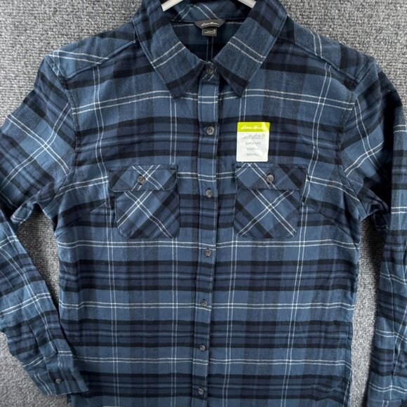 NWT Eddie Bauer Blue Plaid Flannel Button Up Shirt Women Small Soft Pockets - Picture 1 of 13